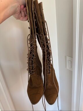 JoyFolie Women's Lace-Up Knee-High Suede Boots in Brown